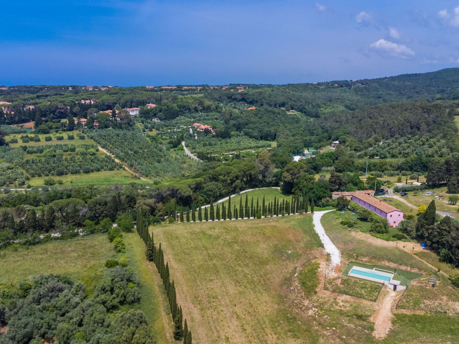 Vista aerea di un paesaggio rurale con una strada tortuosa, campi verdi e edifici sparsi.