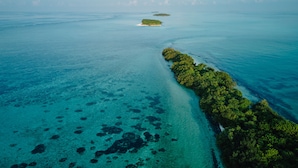 An aerial view of a tropical island with clear turquoise waters and a narrow strip of dense vegetation along the coastline. - Araaik Beach Village (Hoarafushi)