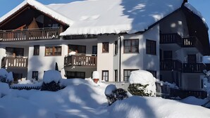Um chalé de vários andares com varandas, rodeado por neve no chão e nas árvores.