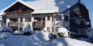 Um chalé de vários andares com varandas, rodeado por neve no chão e nas árvores.
