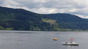 A lake with boats docked in the foreground and a boat in the distance. - Apartment 'Nr 1c' with Private Terrace and Wi-Fi (Titisee-Neustadt)