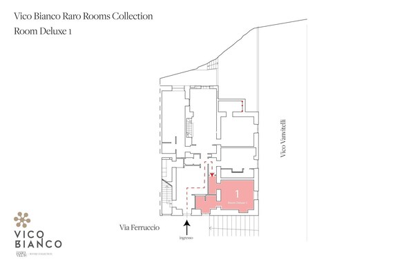 A floor plan of Room Deluxe 1 in the Vico Bianco Rar Rooms Collection, highlighting its layout and access via Ferruccio.