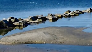 En strand med stenar och stilla vatten.