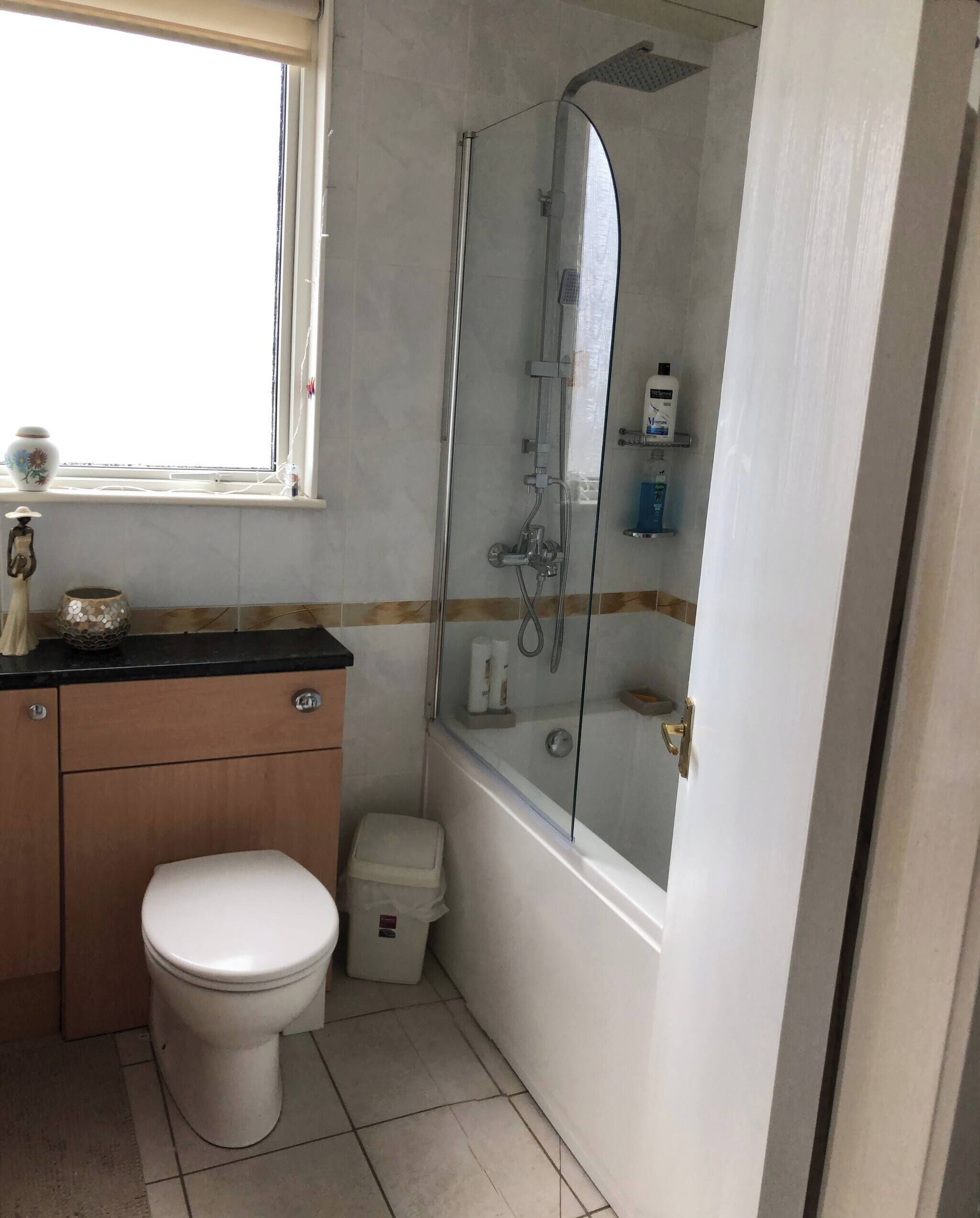 A bathroom with a toilet, a sink, a shower, and a window.