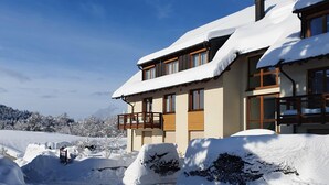 A two-story building with a snow-covered roof and a balcony. - Apartment 'No. 3c' with Private Terrace and Wi-Fi (Titisee-Neustadt)