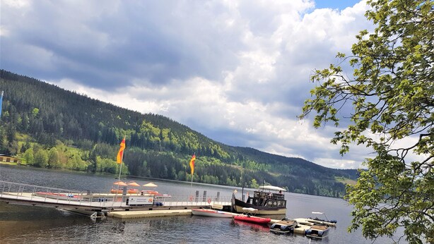 A lakeside dock with boats, a bridge, and a forested hill in the background. - Apartment 'No. 3c' with Private Terrace and Wi-Fi (Titisee-Neustadt)