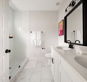 Shower, hair dryer, towels
