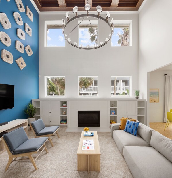 Smart TV, chimenea, videojuegos, oficina