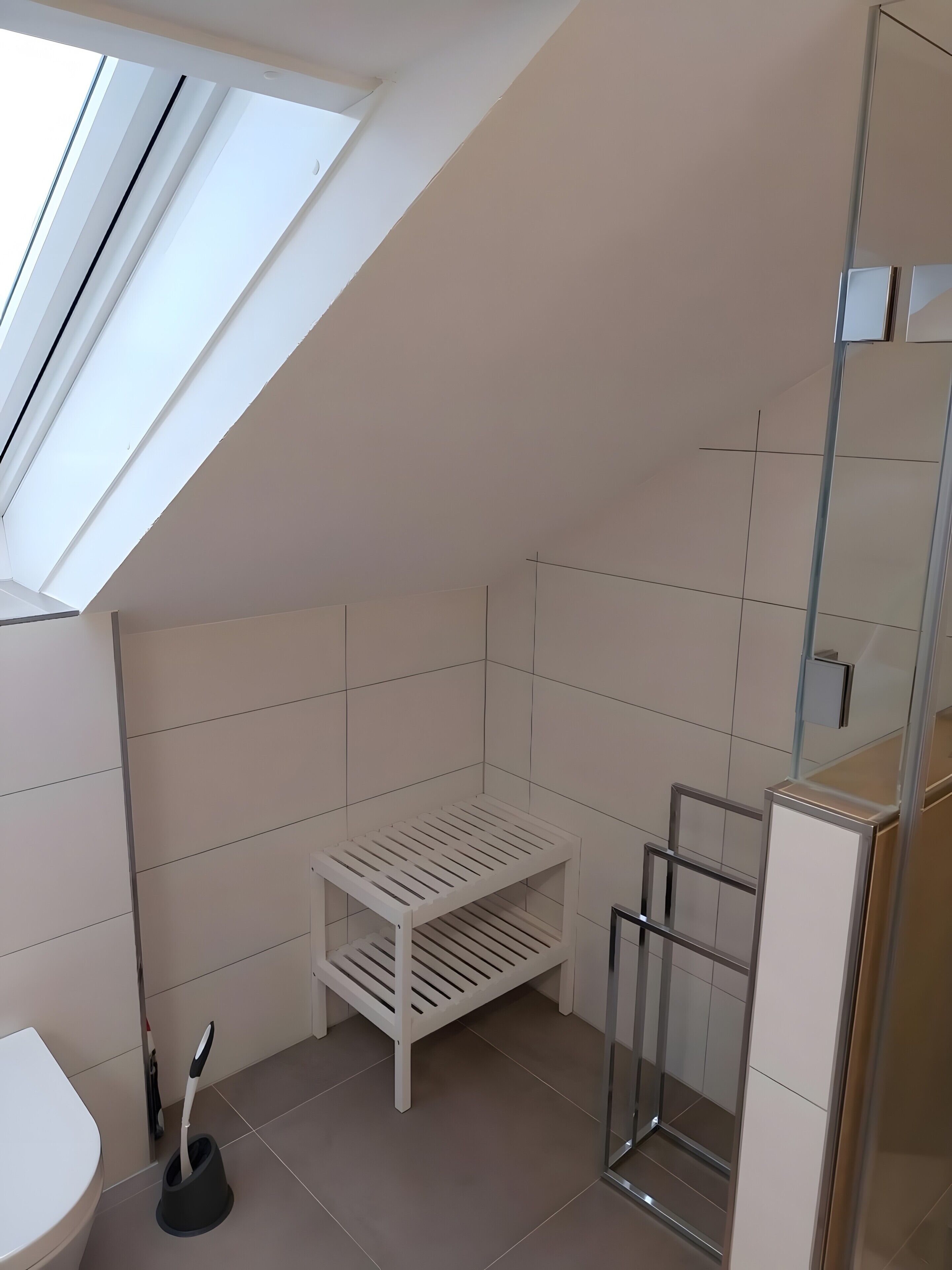 Ein kleines, modernes Badezimmer mit Dachfenster, Toilette, Duschbereich und einem weißen Regal.