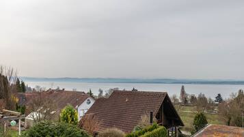 Zona residenziale con case, vista aperta su un lago e montagne in lontananza.