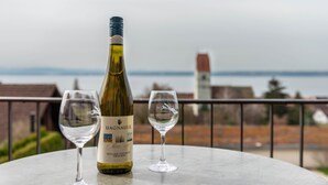 A bottle of wine and two glasses on a table with a view of a cityscape.