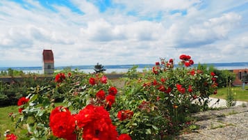 Un jardin avec des fleurs rouges et une vue lointaine sur une tour.