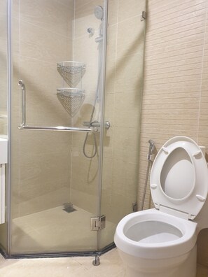 Bathroom features a glass-enclosed shower with handheld showerhead and wall-mounted faucet, a toilet with raised seat, and a corner storage shelf.