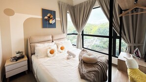 A modern hotel room with a large bed, a nightstand, a window with curtains, and a view of the outside. - Mossaz by Manhattan Group  (Petaling Jaya)
