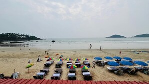A beach with rows of sunbeds and umbrellas, a sandy shore, and a calm sea. - Palolem Luxurious Cottages (Canacona)