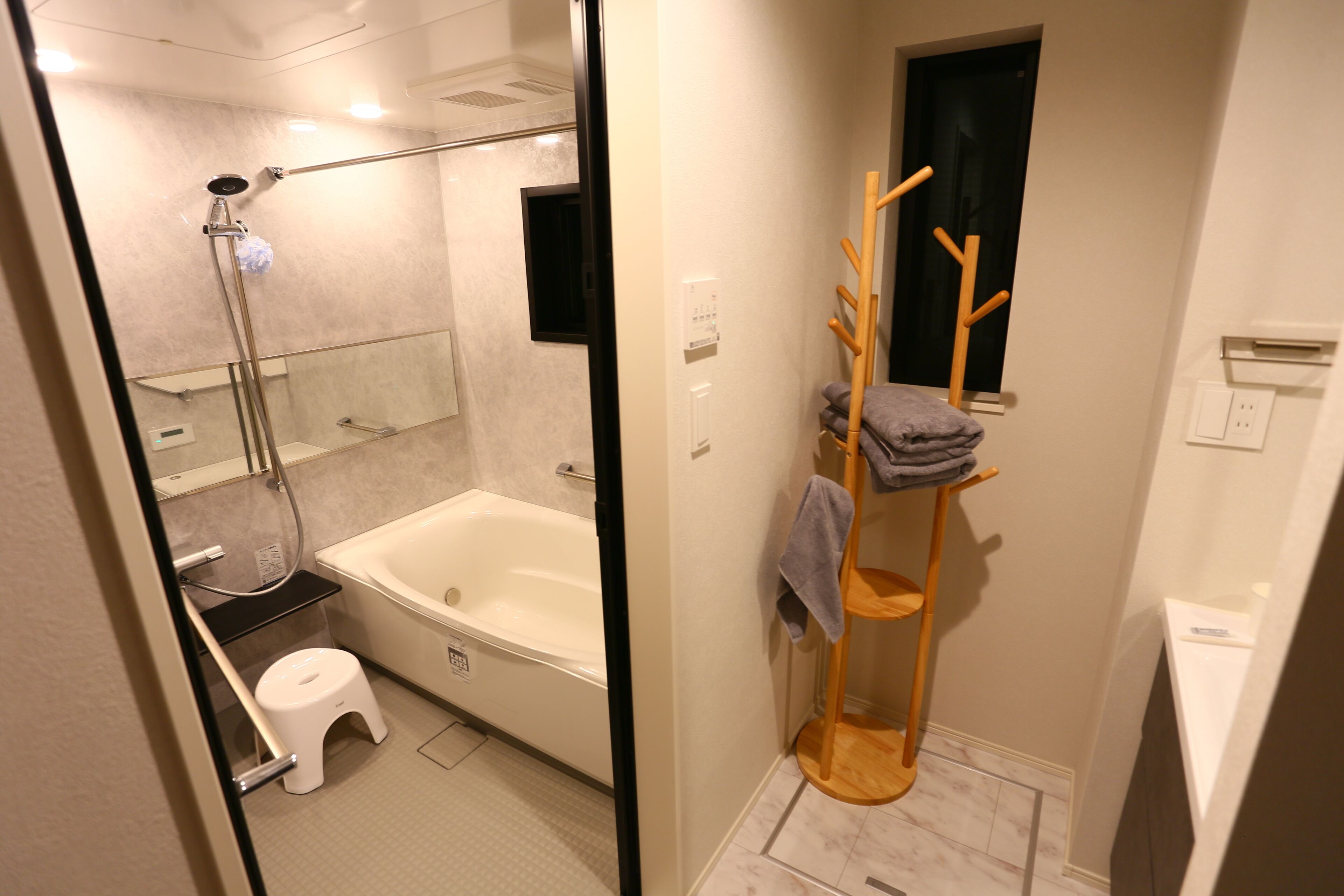 Hair dryer, bidet, towels, soap