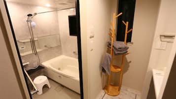 Hair dryer, bidet, towels, soap