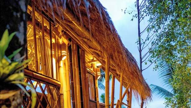 A bamboo structure with a staircase leading to a balcony, surrounded by lush vegetation.