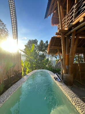 A swimming pool with a bamboo structure and a thatched roof, surrounded by tropical vegetation. - Ayo Hill Villa (Sidemen)