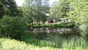 A tranquil pond surrounded by lush greenery and a small building in the background. - FeWo Eulenhorst - Holiday enjoyment in the vacation resort at Schluchsee (with pool) (Schluchsee)