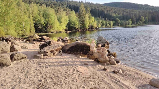 A natural landscape with a river, rocks, and a forested hillside. - FeWo Eulenhorst - Holiday enjoyment in the vacation resort at Schluchsee (with pool) (Schluchsee)