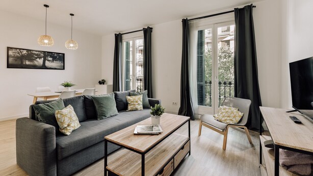 A modern living room with a grey sofa, wooden coffee table, and a TV on a wooden stand.