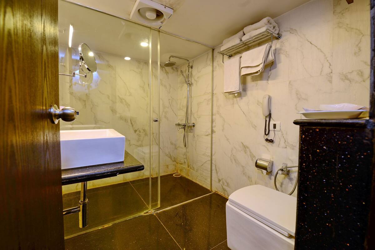 A bathroom with a glass-enclosed shower, a white sink, and a toilet.