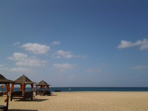 A beach with thatched-roof structures and beach chairs.