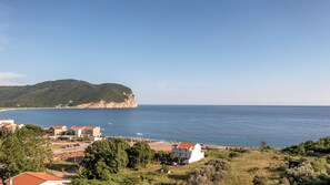 Overlooking the sea, this coastal town offers a serene natural setting with residential buildings and grassy areas.