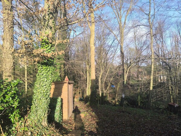 A narrow wooden pathway leading through a wooded area with a small wooden structure on the left. - Charming Studio the Heart of the Forest (Chaumont-Gistoux)