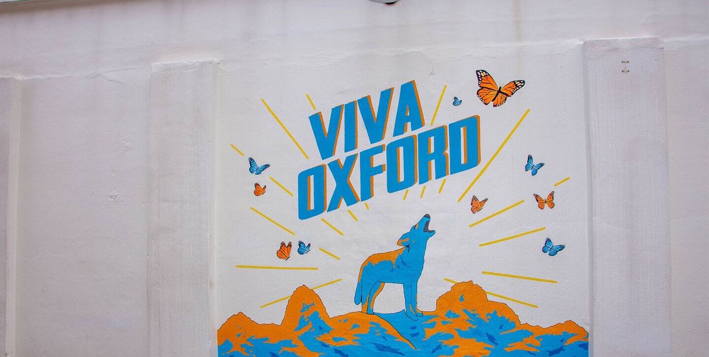 Un mur orné d’une illustration représentant un loup hurlant, entouré de papillons et de montagnes, avec le texte « VIVA OXFORD ».