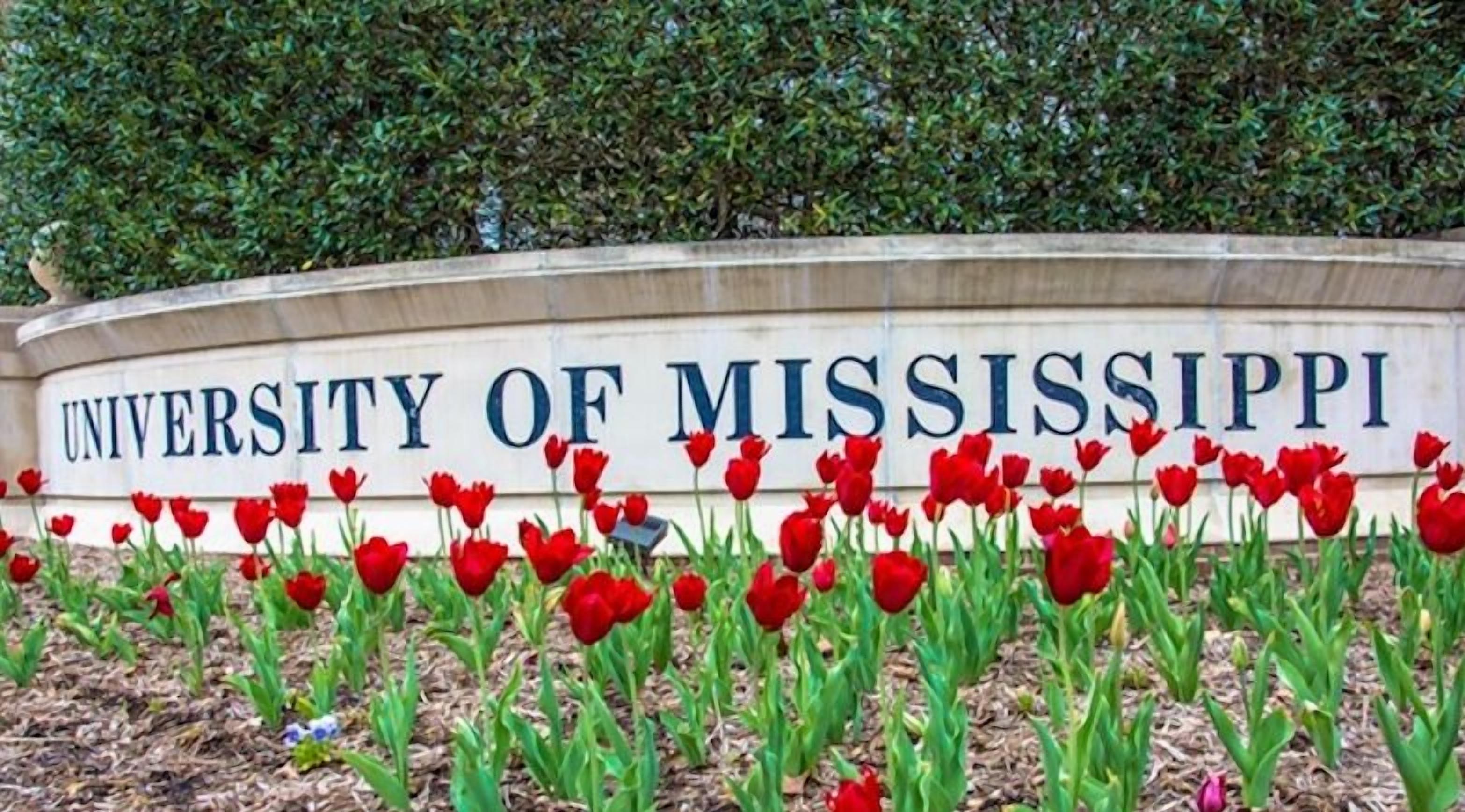 A sign for the University of Mississippi with red tulips in front.
