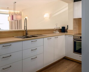 Fridge, oven, stovetop, coffee/tea maker