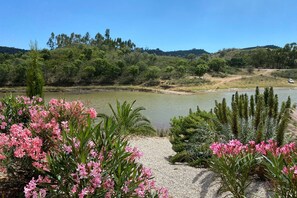 Un paisaje natural con un lago, vegetación densa y flores rosadas en primer plano.