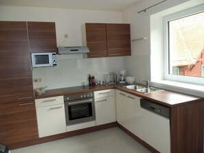 Apartment | Private kitchen | Fridge, microwave, oven, stovetop - Villa Wellspacher - Renovated 19th Century Villa (Semmering)