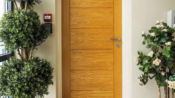 Una porta di legno con il numero '1' sopra, affiancata da due piante in vaso.