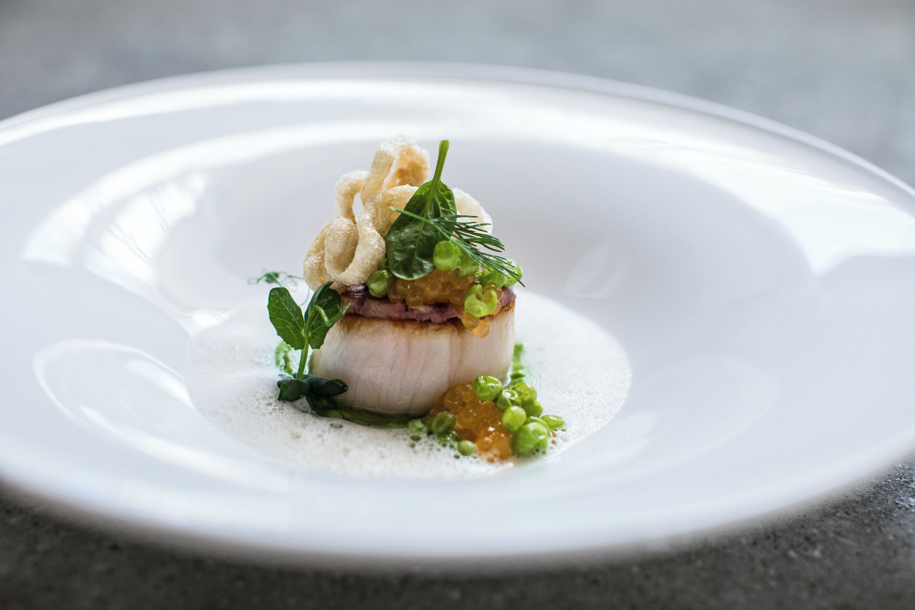 A white plate with a dish of food, garnished with green leaves and a creamy sauce.
