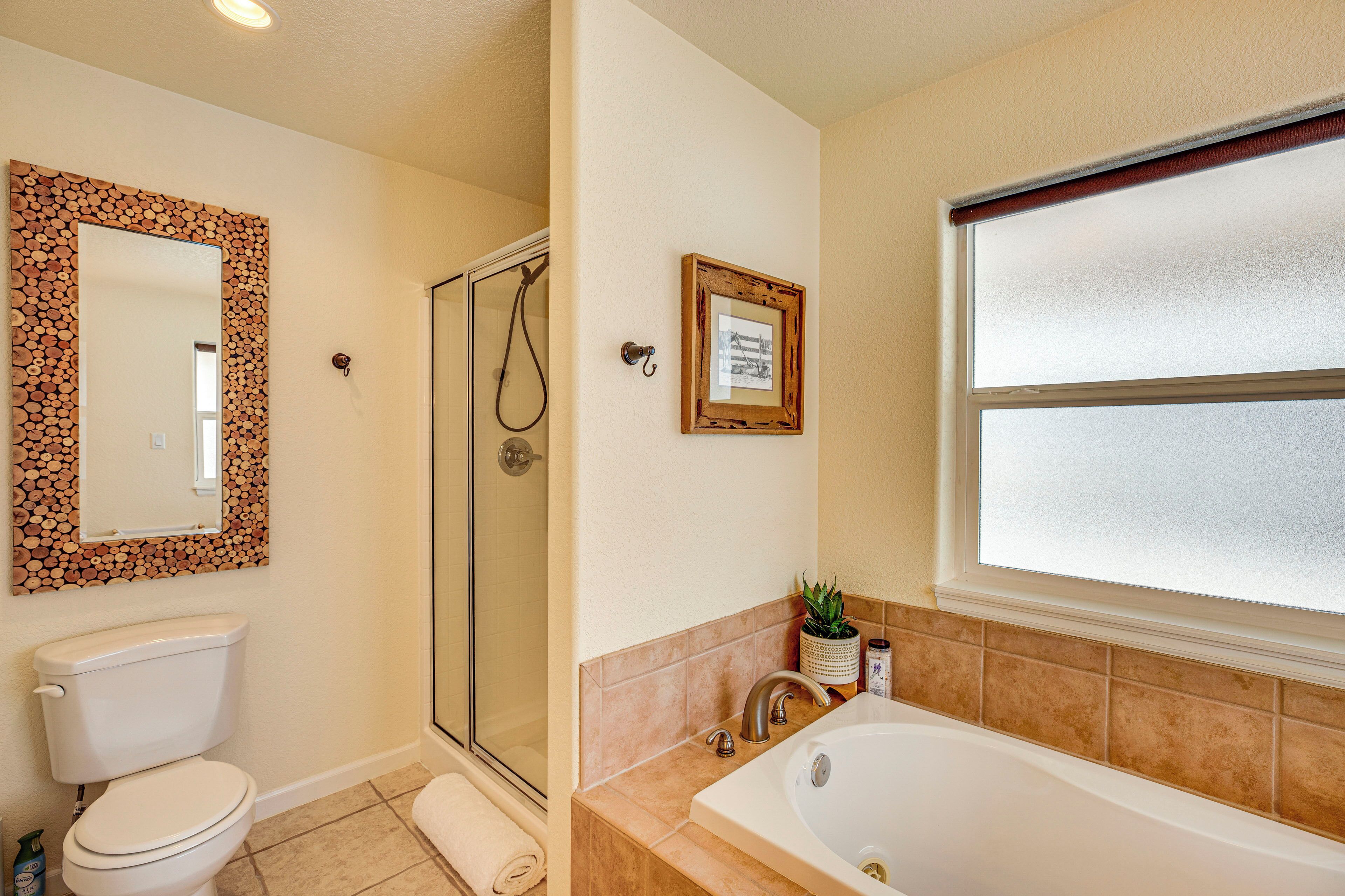 A bathroom with a toilet, shower, bathtub, and a framed picture on the wall.