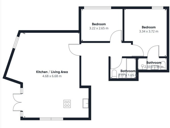 En plantegning viser et køkken-opholdsrum på 4,68 x 6,68 m, to værelser på henholdsvis 3,22 x 2,65 m og 3,34 x 3,72 m samt et badeværelse på 2,33 x 0,98 m.