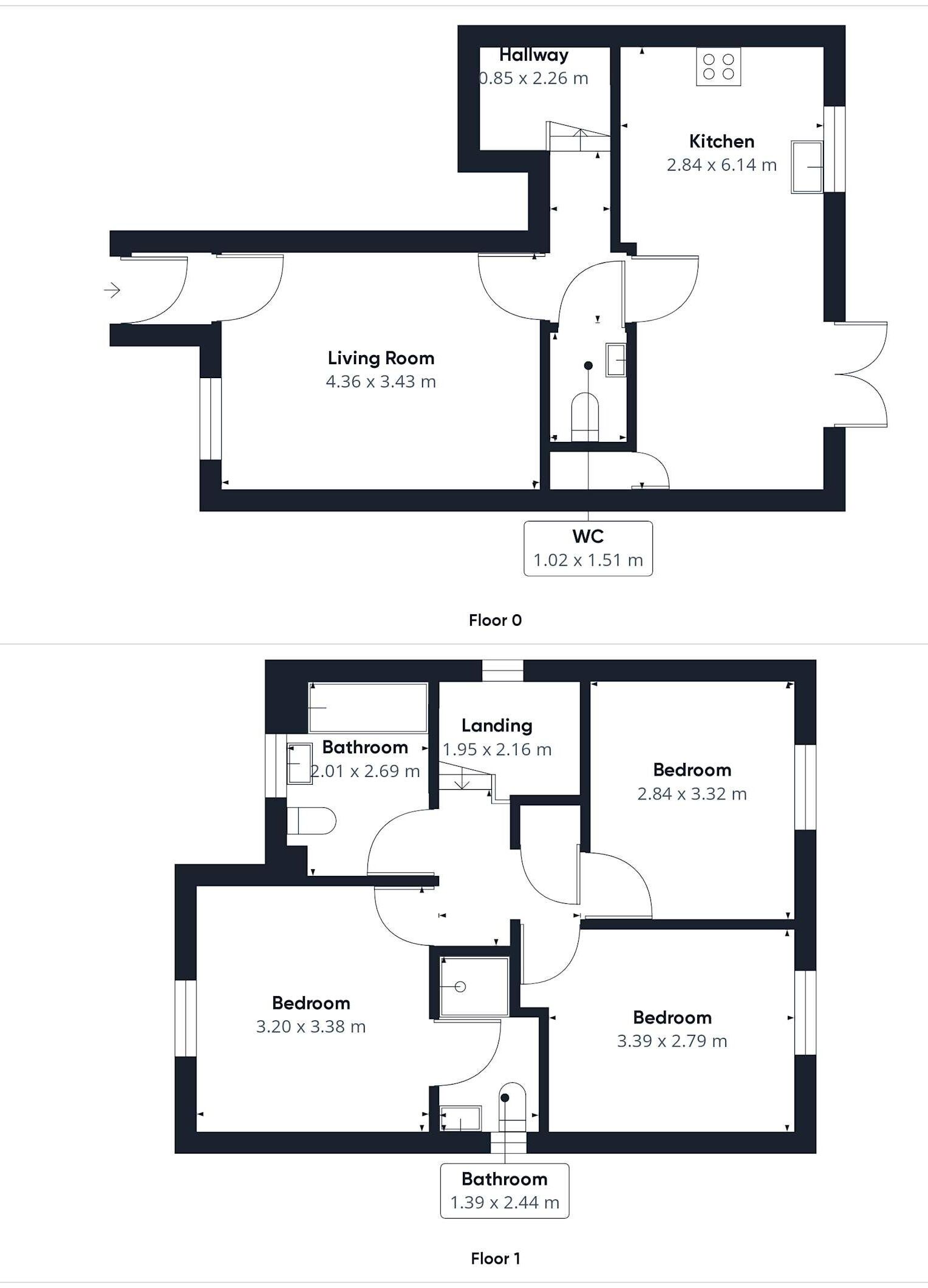 A floor plan of a hotel with two floors. Each floor includes a living room, kitchen, bathroom, and bedrooms. The first floor has a landing area, while the second floor has a hallway.