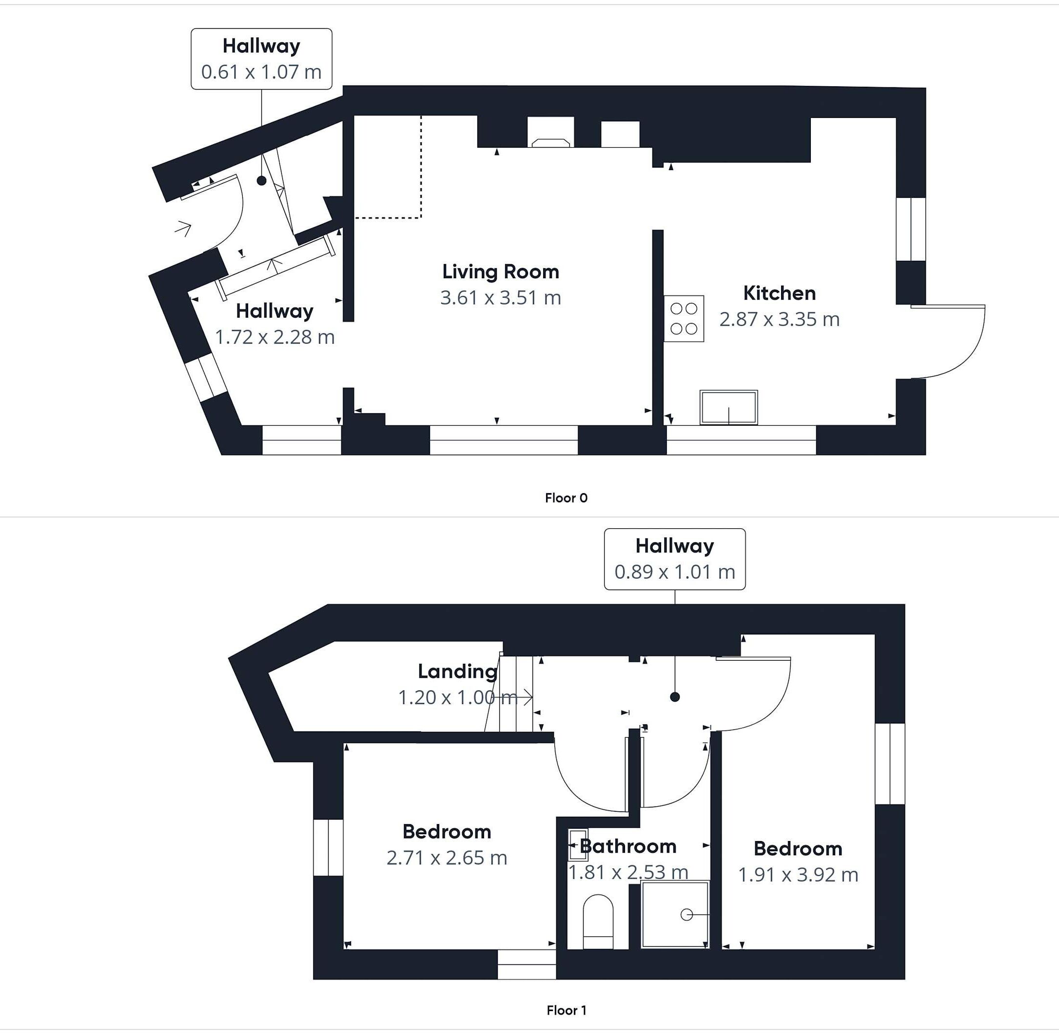 A floor plan of a house with a living room, kitchen, two bedrooms, a bathroom, and hallways.