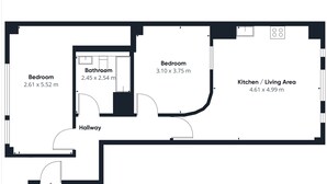 A floor plan with a bedroom (2.61 x 5.52 m), bathroom (2.45 x 2.54 m), another bedroom (3.10 x 3.75 m), and a kitchen/living area (4.61 x 4.99 m). - Host Stay Thurstane Street (Bolton)