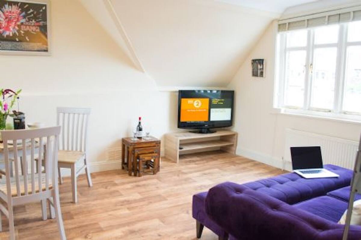 A room with a purple sofa, a dining table with chairs, a TV on a stand, and a laptop on a small table.