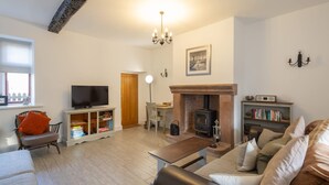 A cozy living room with a fireplace, a television, and a bookshelf. - Host Stay Spittal Farm (Wigton)