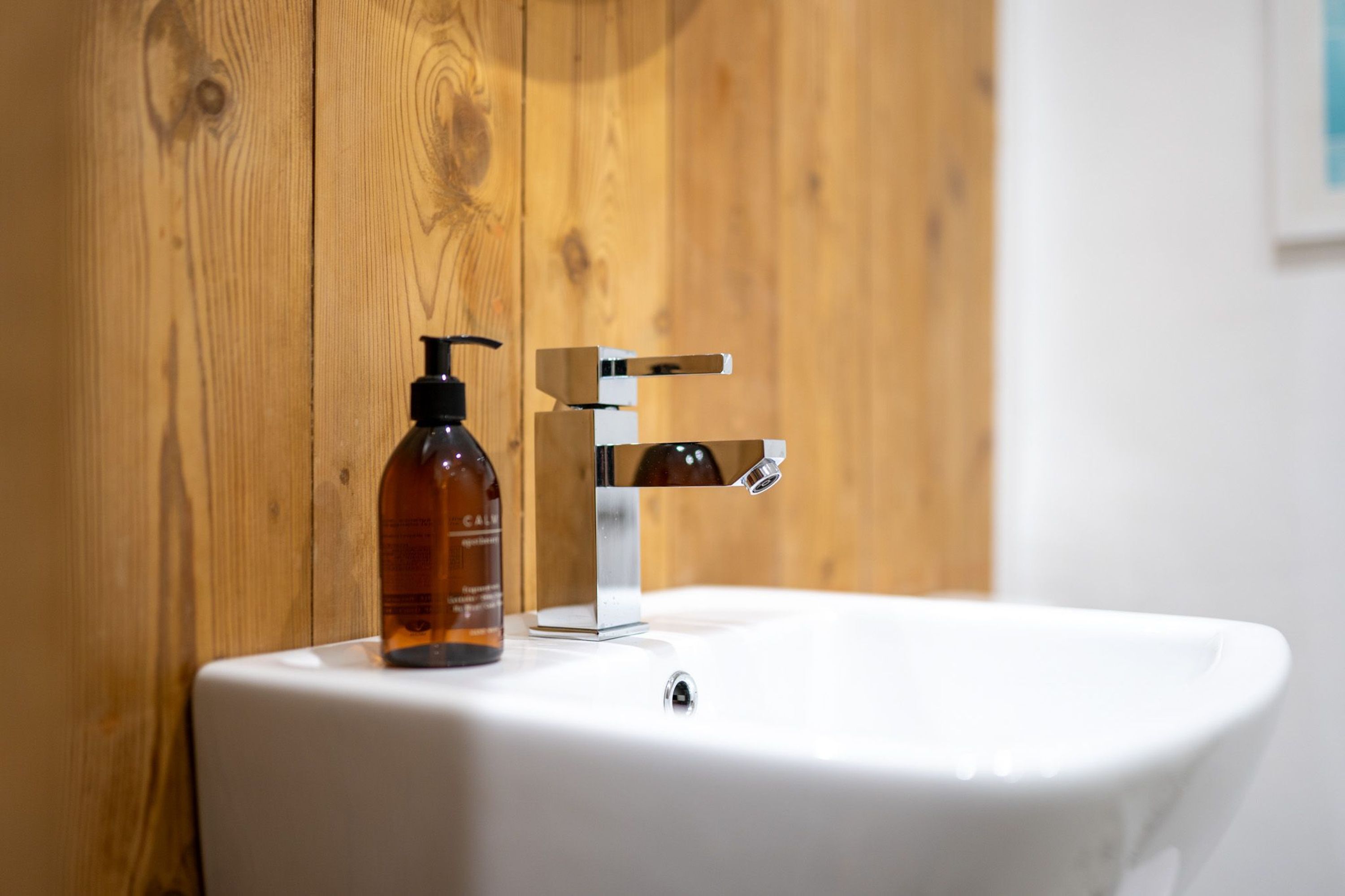 Ein Badezimmer mit einer Holzvertäfelung, einem weißen Waschbecken und einer Handseifenflasche.