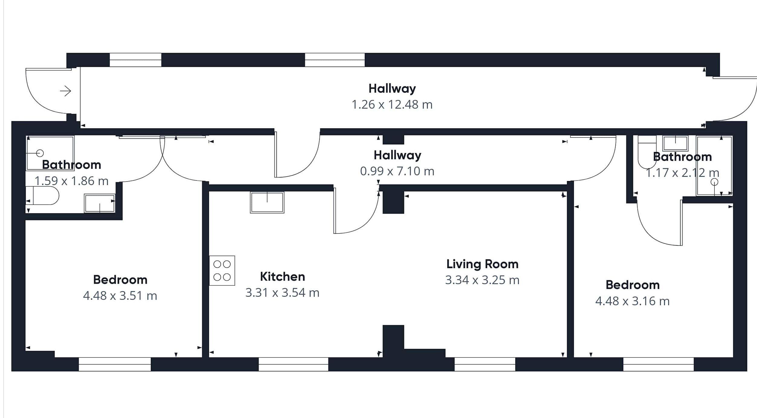 Grundriss eines Hauses mit zwei Schlafzimmern, einer Küche, einem Wohnzimmer, zwei Bädern und zwei Fluren.
