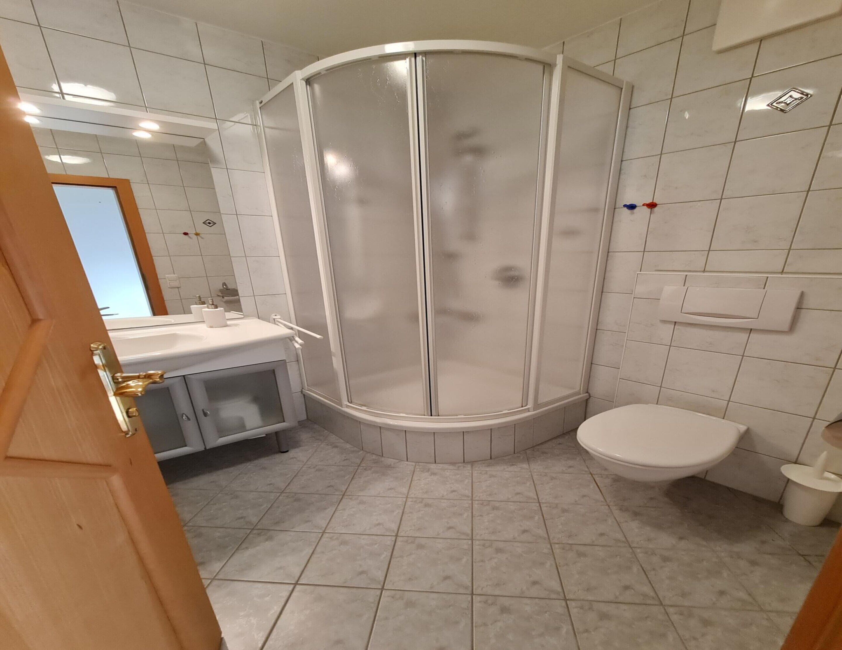 Ein Badezimmer mit Duschkabine, Toilette und Waschbecken.