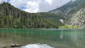 A clear lake surrounded by dense forest and mountains. - Lavish Apartment With Sauna (Lermoos)
