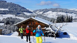 Een houten hut met een met sneeuw bedekte dak, omgeven door een besneeerd landschap en bergen.