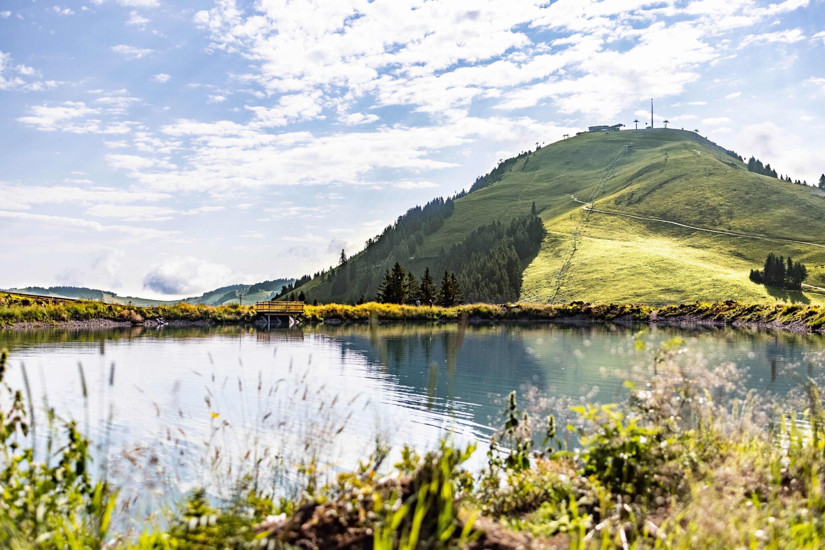 A serene landscape with a lake, a grassy hill, and a bridge.